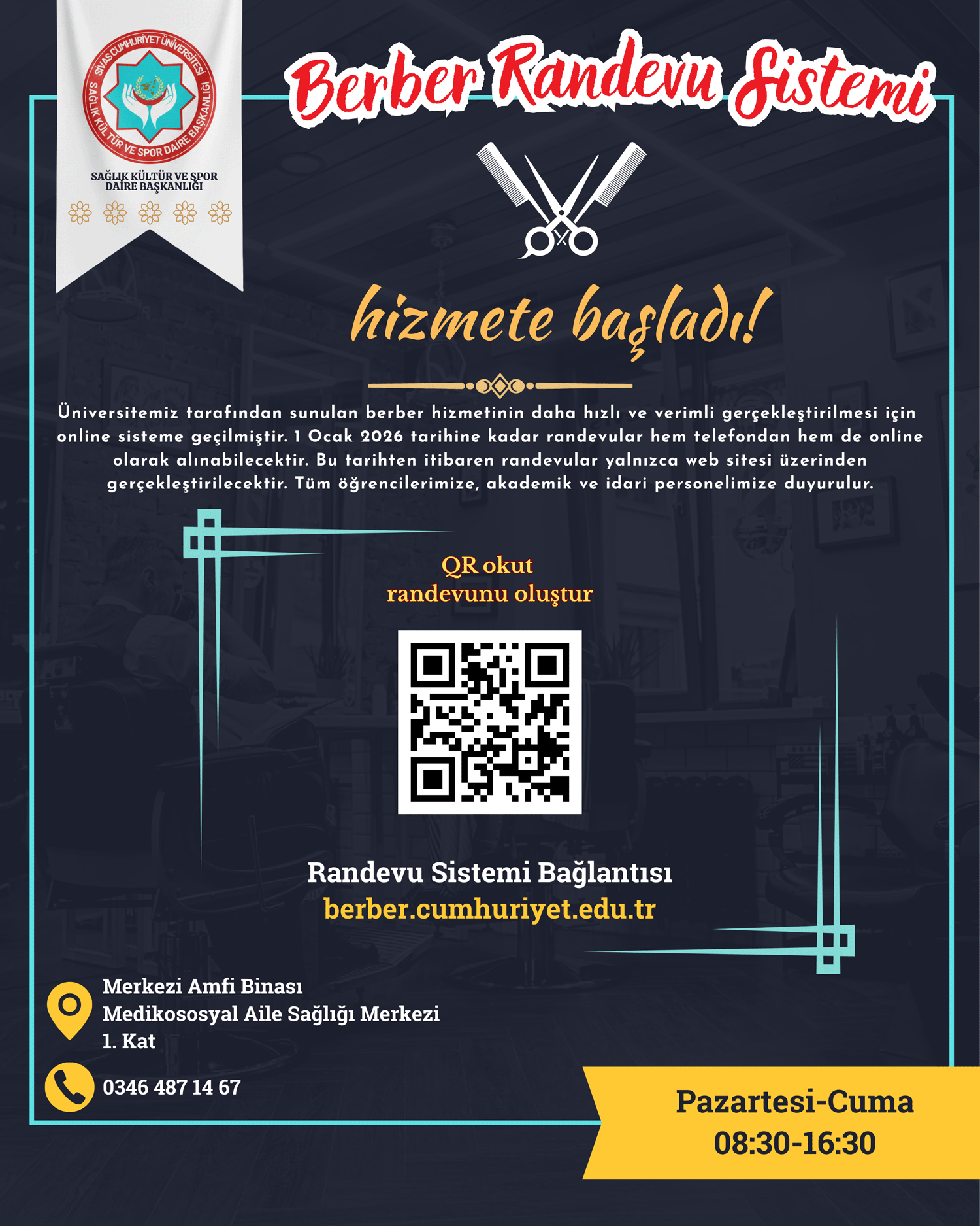Sivas Cumhuriyet Üniversitesi'nde berber hizmetine online randevu dönemi başladı!