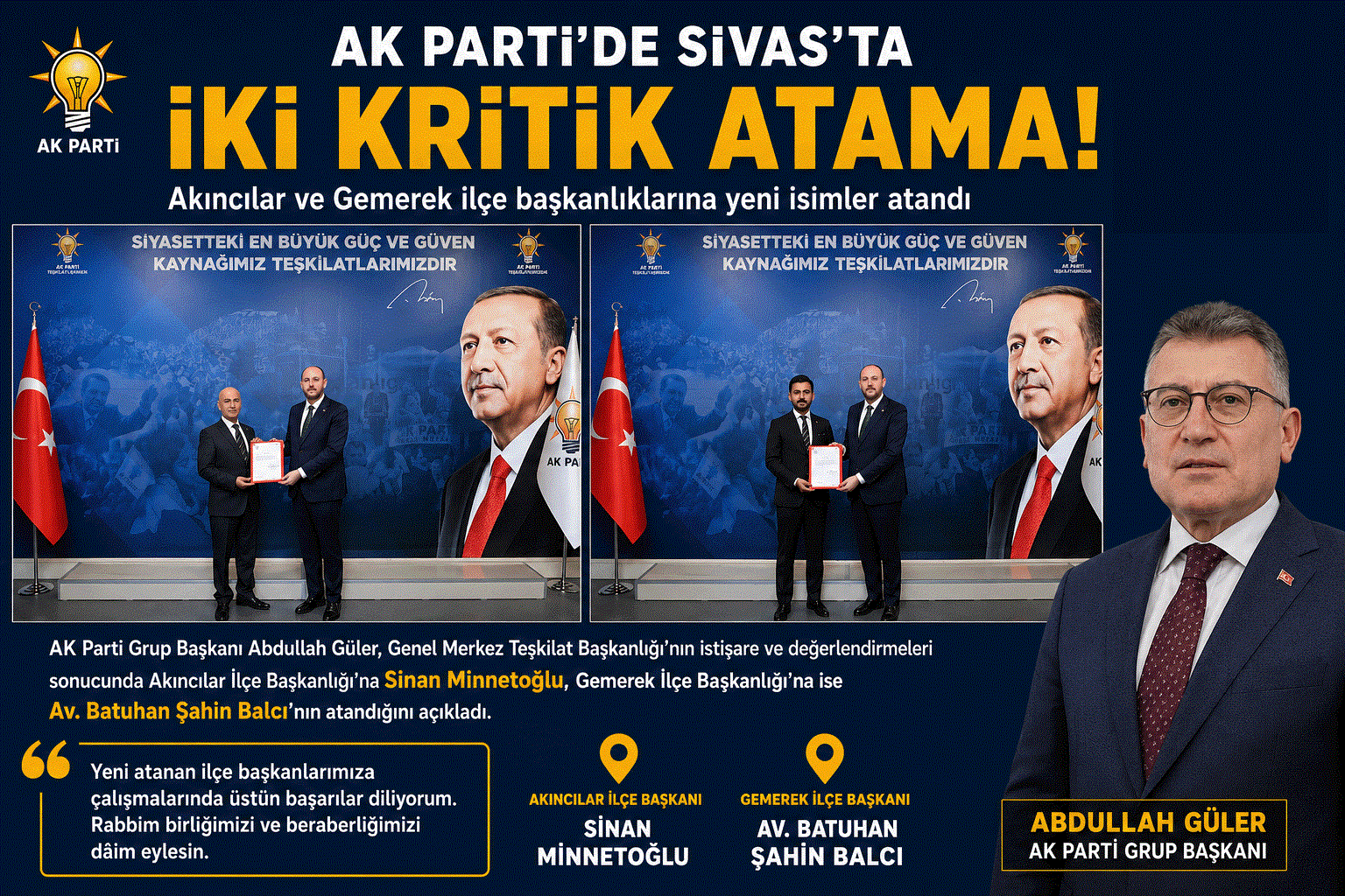 AK Parti'de Sivas'ta iki kritik atama! Abdullah Güler duyurdu