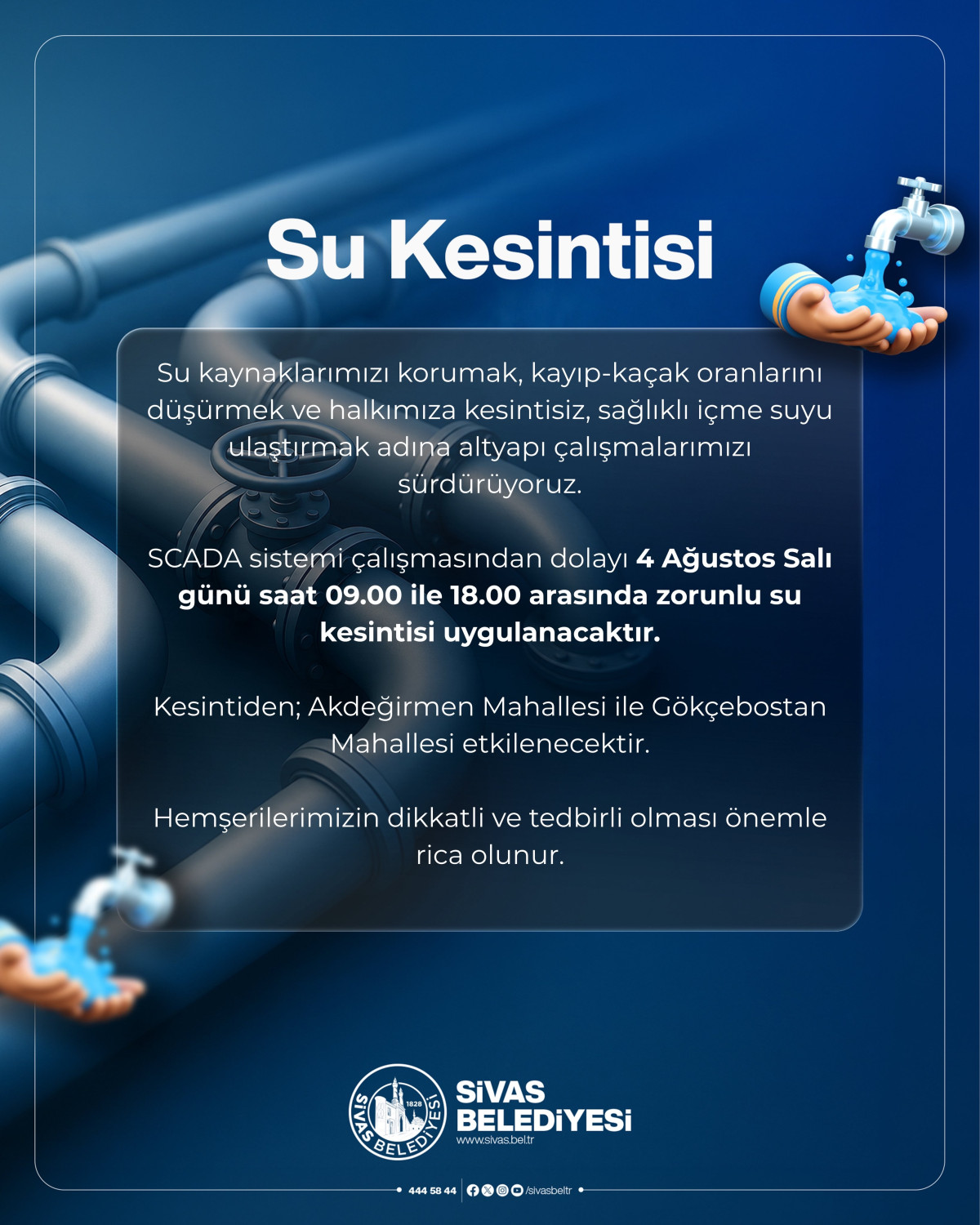 Bugün Sivasta bazı mahallelerde su kesintisi uygulanacak...